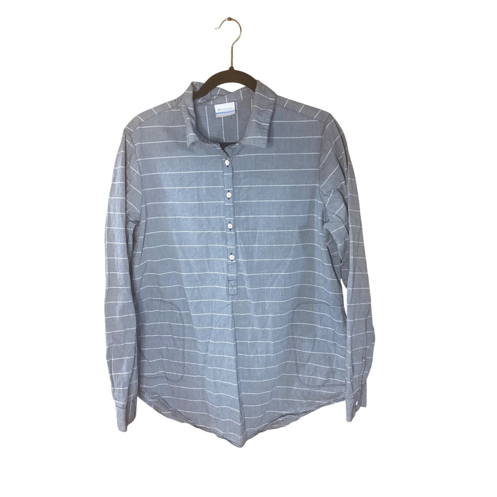 Columbia Womens Blue White Striped Chambray Long Sleeve Tunic Shirt Pockets M